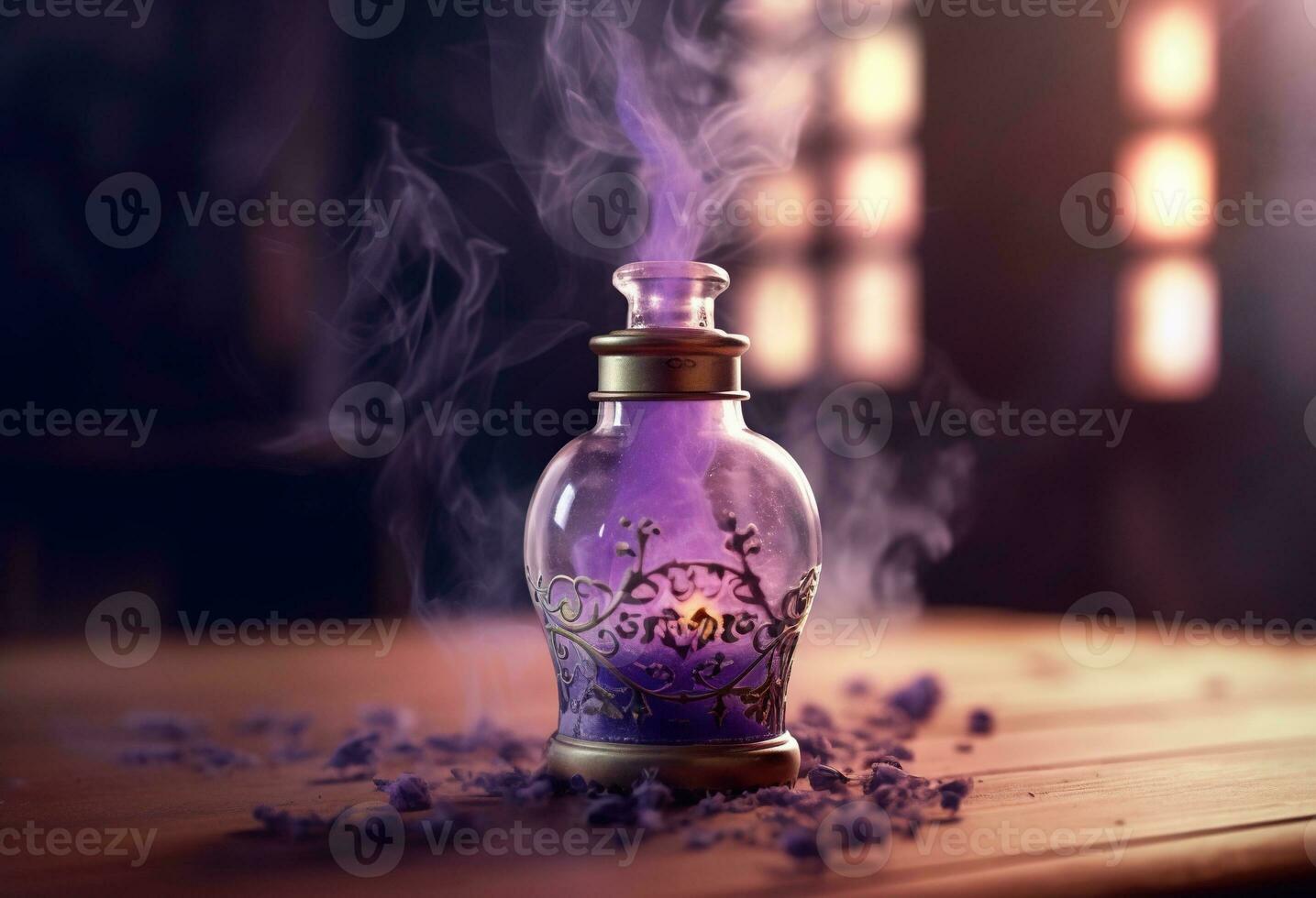 generativo ai, un botella de esencial petróleo con Fresco lavanda leña menuda con fumar en oscuro fondo, herbario petróleo y flores foto