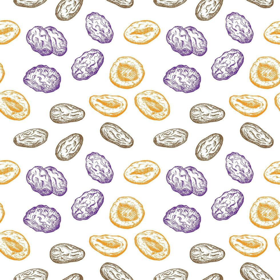 Dried fruits Seamless pattern. Repeating background with Prunes, dried apricots, dry fruits, dates for packaging, textile, print, template, card. Decorative ornament hand drawn. Vector illustration