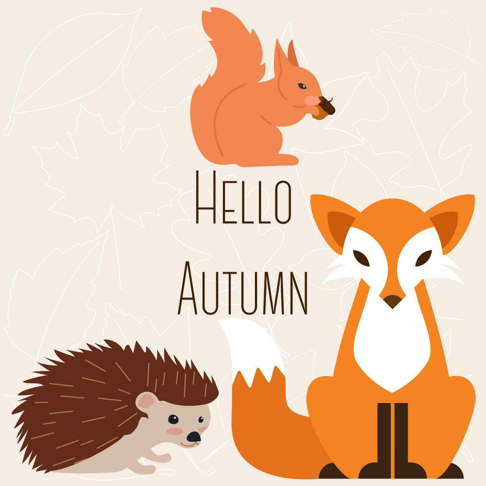Cute woodland animals collection. Hedgehog, fox and squirrel in autumn. Vector illustration.