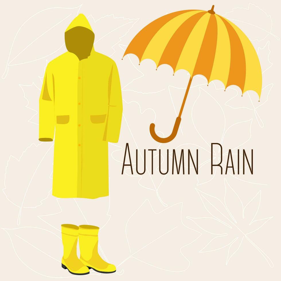 Rain gear for children. Raincoat and umbrella. Autumn vector illustration.