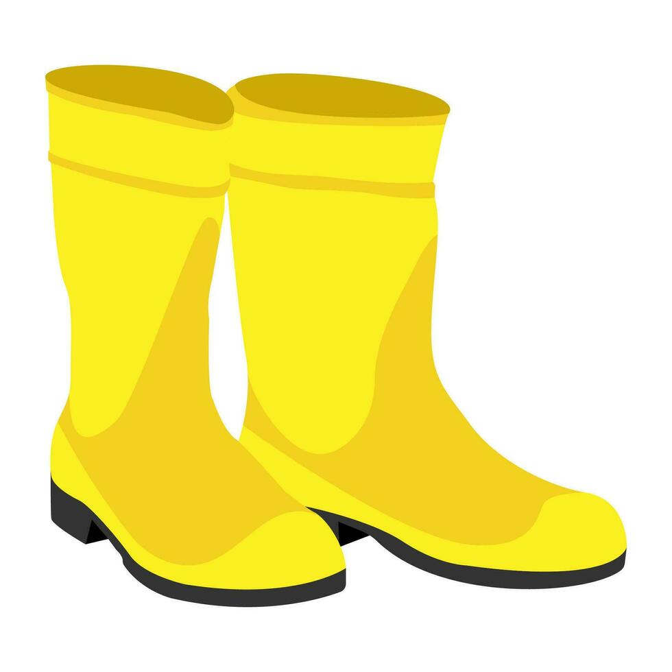 Cartoon yellow rubber rain boots, clean and dirty with mud puddle. Vector clip art illustration.