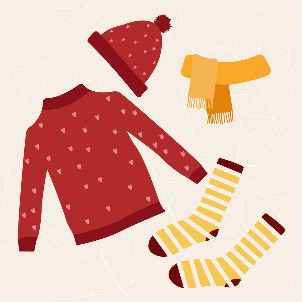 Knitted winter and autumn clothes set, isolated on white background. Sweater, socks, scarf top view vector cartoon illustration. Fall handmade fashion wool clothing and accessories.