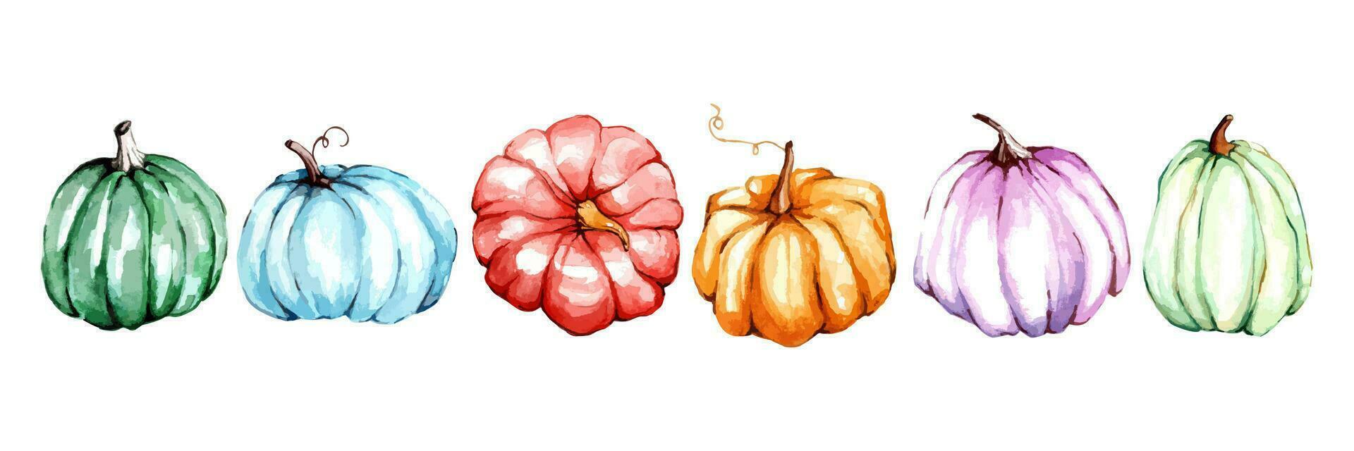 Watercolor pumpkins colorful set. Fall vector handmade illustration in watercolor painting style art. Background for Thanksgiving Day or harvest festival. Autumn and Halloween pumpkin.