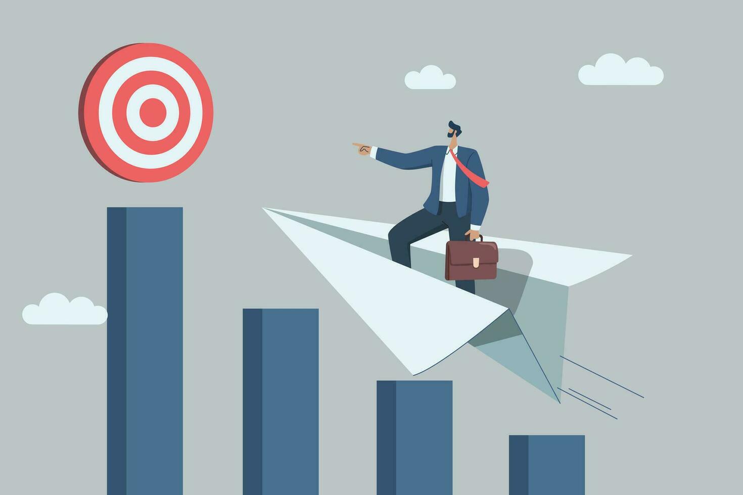 Ambitious businessman leader riding paper plane to professional success. Go for the set goal. Businessman flying over bar graphs towards the goal. Vector design illustration.