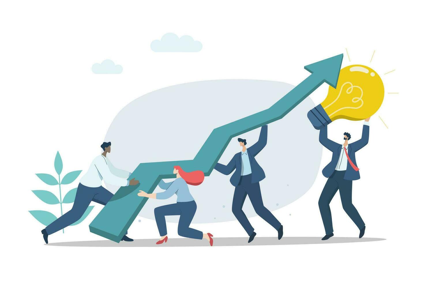 Teamwork to increase work efficiency and accomplished, Business team pushing the green graph and use effective ideas helps to lift the arrow graph to rise higher. vector