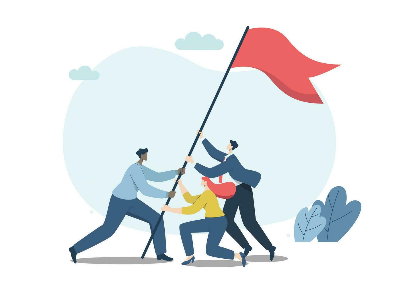 Strong teamwork leading to success for organizations, business people working as a team or partners helping to raise the flag of victory. Vector design illustration.