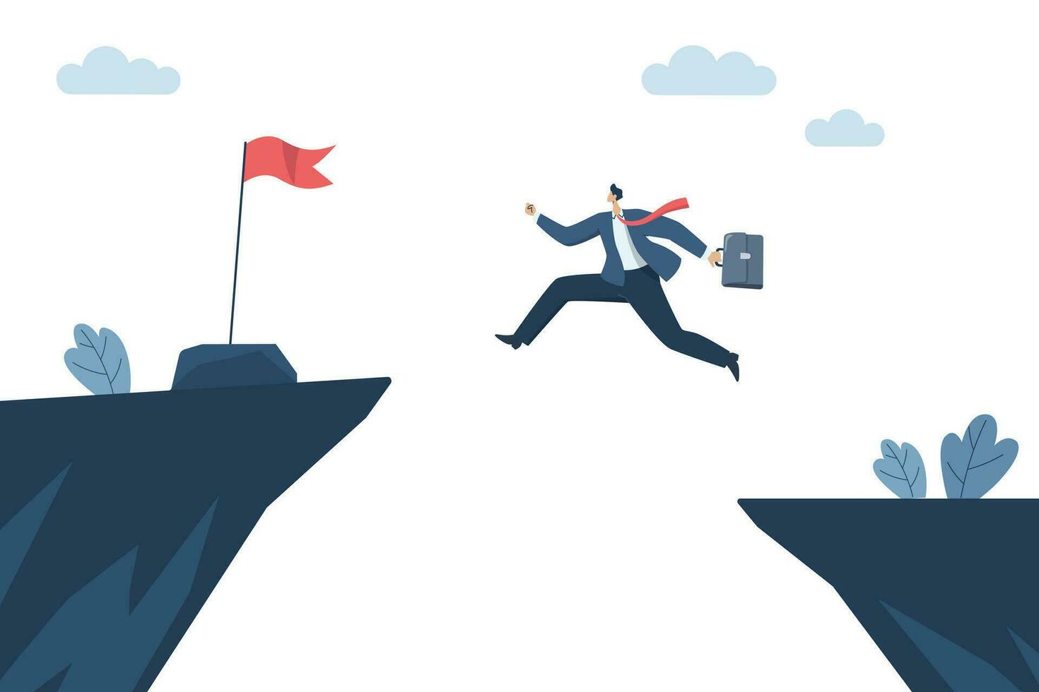 Brave business man overcome challenging risks drive towards goals and success, Businessman jumping over the abyss go get the flag of victory. Vector design illustration.