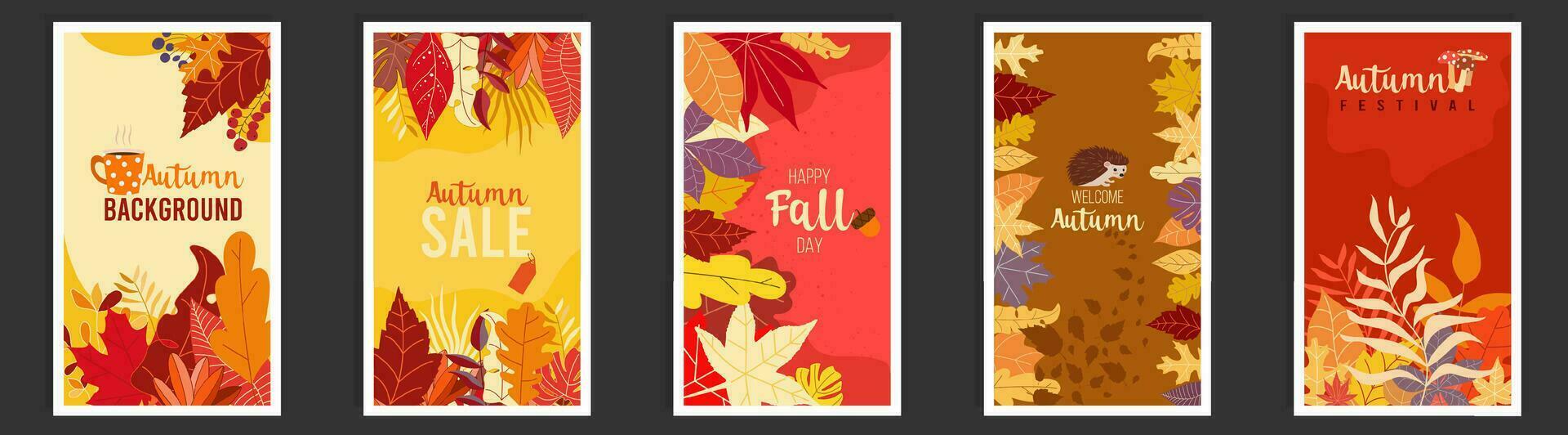 Collection of autumn sale and other typography flyer template with lettering. Bright fall leaves. Poster, card, label, banner design set. Vector illustration EPS10.