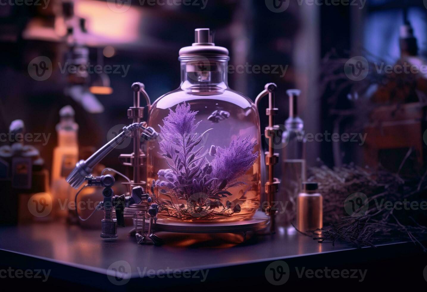 Generative AI, Essential oil extraction with distillery machine with lavender flowers photo
