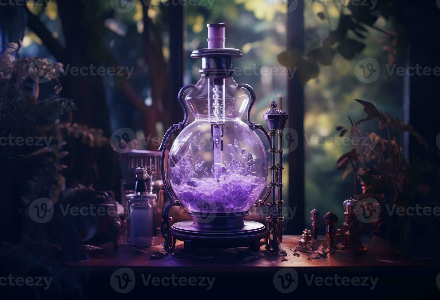 Generative AI, Essential oil extraction with distillery machine with lavender flowers photo