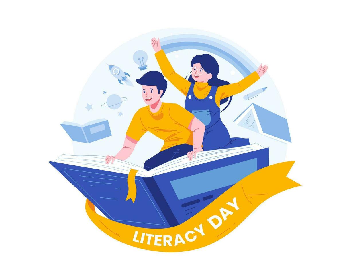 Happy Literacy Day Illustration. A Boy and a Girl Flying on a Book. Imagination Concept, Reading Books Becomes an Adventure vector