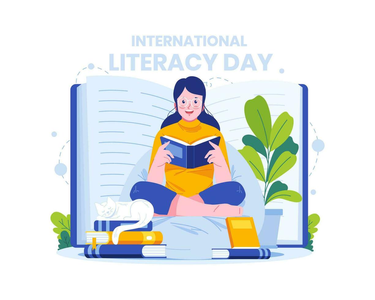 International Literacy Day Illustration. A Woman Reading Book While Sitting, A Girl with Book. Knowledge, Learning, and Education Concept vector