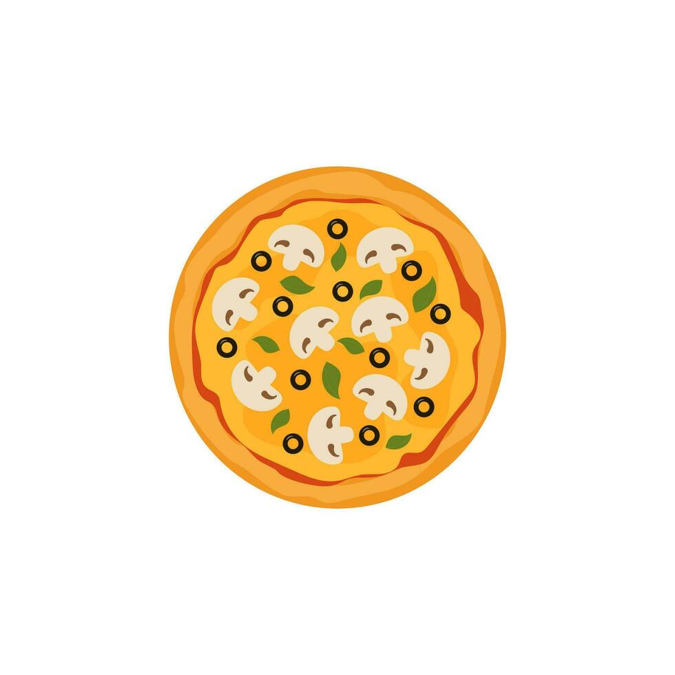 Fresh pizza with tomato, cheese, olive, sausage, onion, basil. Traditional italian fast food. Top view meal. European snack. Isolated white background. Vector illustration.