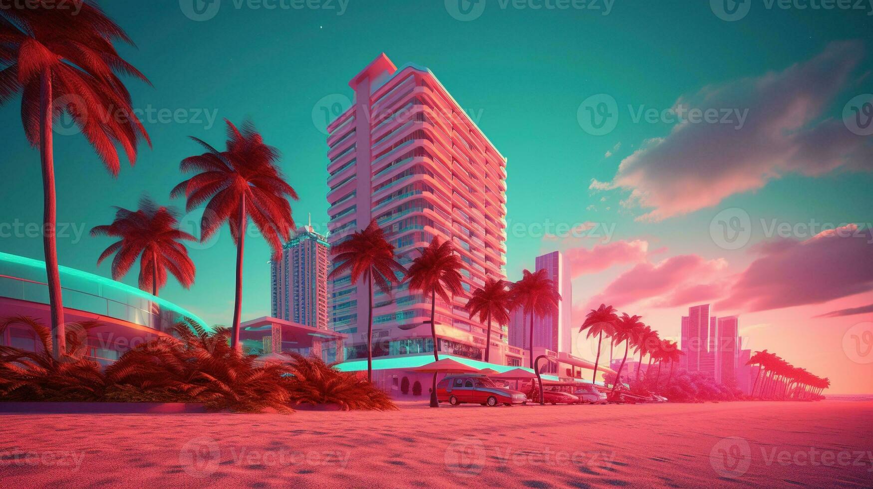 Generative AI, Miami Summer Vibes retro illustration. Vintage pink and blue colors, buildings, California palms, 80s style photo