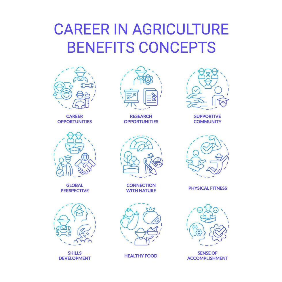 carrera en agricultura beneficios azul degradado concepto iconos trabajo oportunidad. granja obrero. rural desarrollo. comida producción. icono embalar. vector imágenes redondo forma ilustraciones. resumen idea