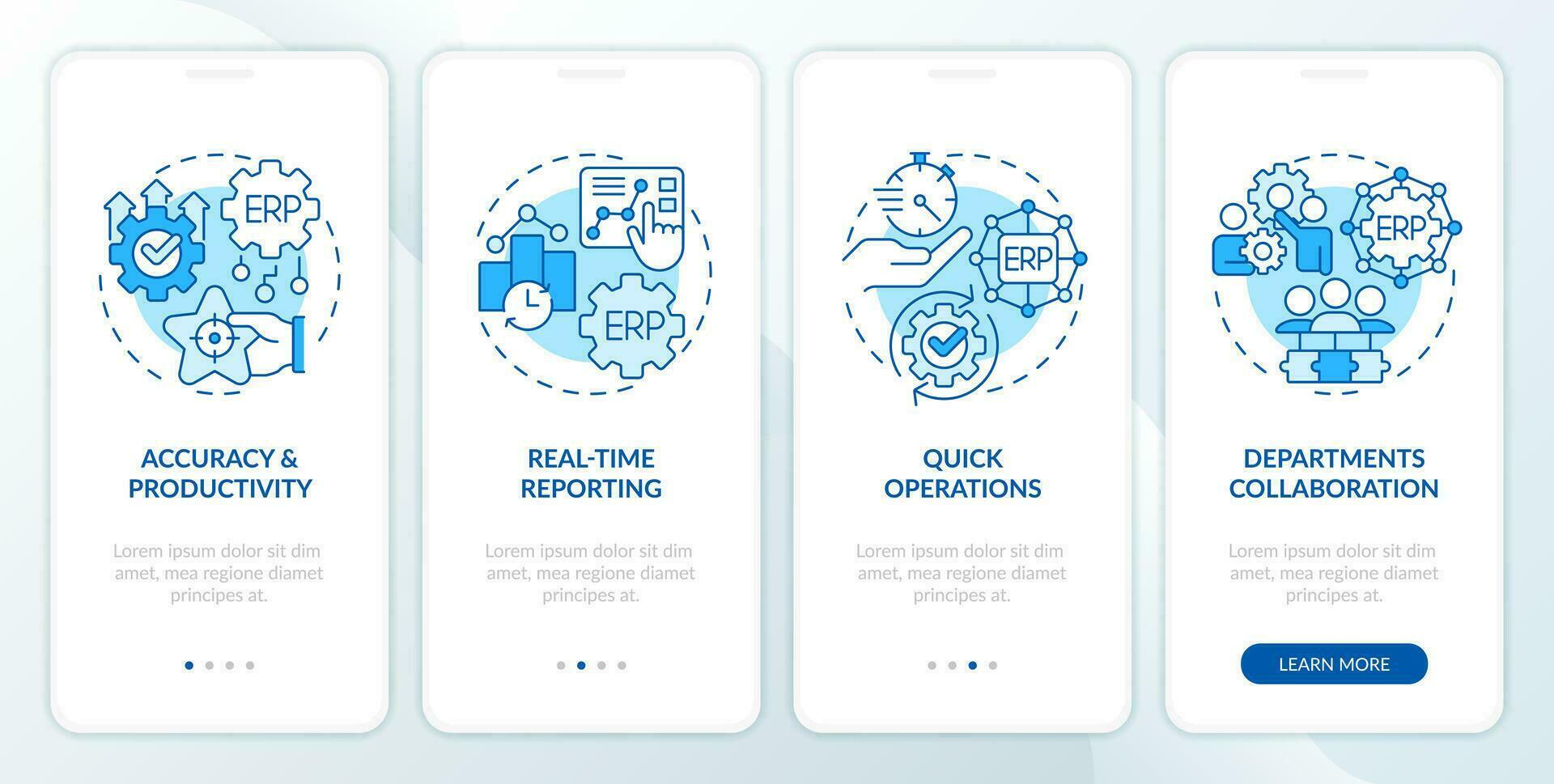 2D icons representing enterprise resource planning mobile app screen set. Walkthrough 4 steps blue graphic instructions with thin line icons concept, UI, UX, GUI template. vector