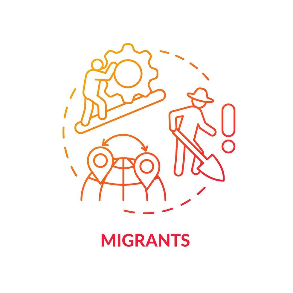 migrantes rojo degradado concepto icono. cosecha cultivo. agrícola obrero. pobre trabajando condiciones. manual mano de obra. difícil trabajar. redondo forma línea ilustración. resumen idea. gráfico diseño. fácil a utilizar vector