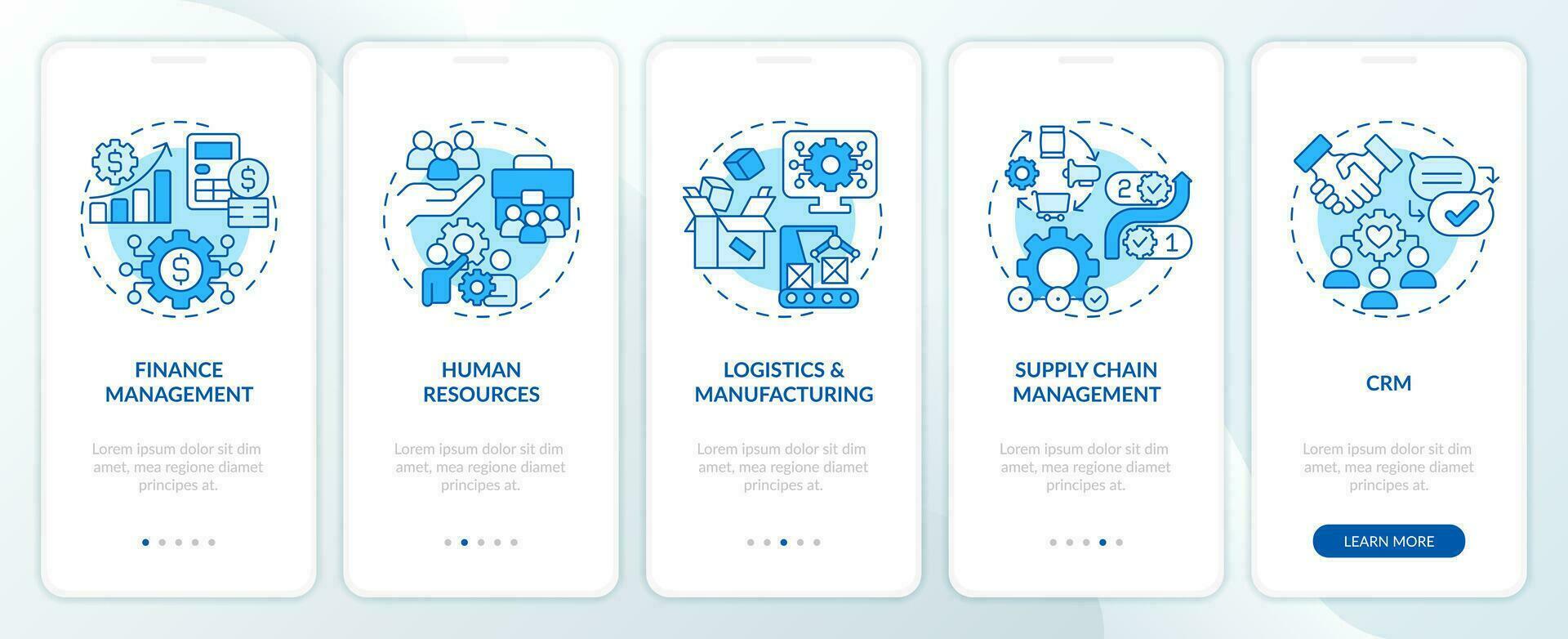 2D icons representing enterprise resource planning mobile app screen set. Walkthrough 5 steps blue graphic instructions with linear icons concept, UI, UX, GUI template. vector