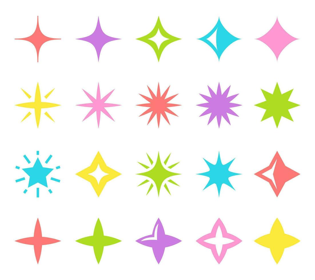 Color neon stars and sparkles icon set isolated on white background. vector