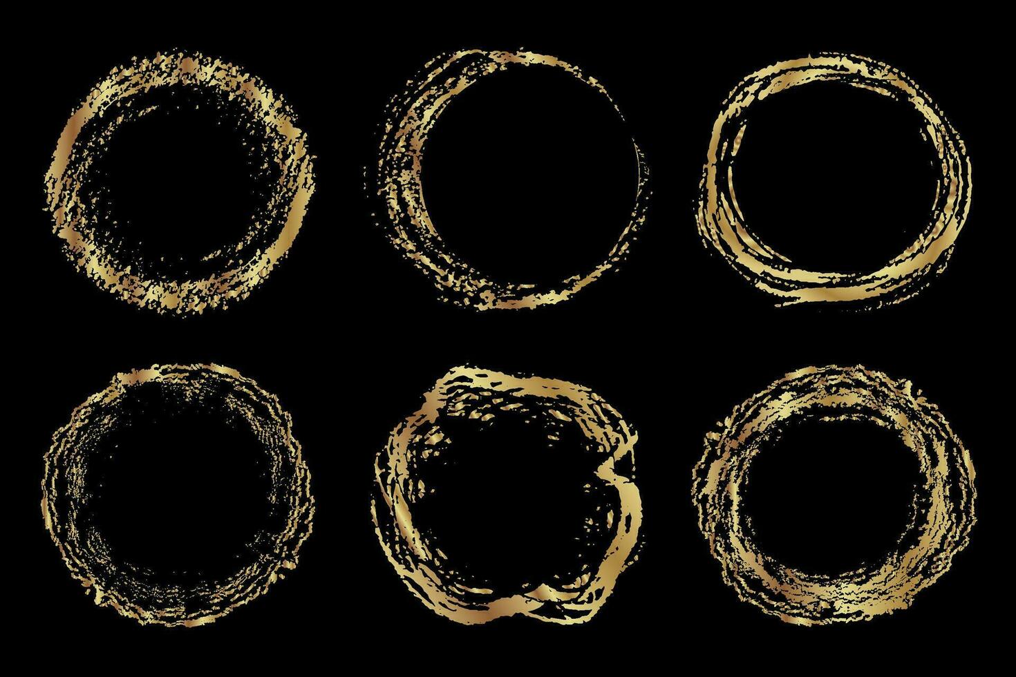 Set of golden brush stroke circles on black background vector