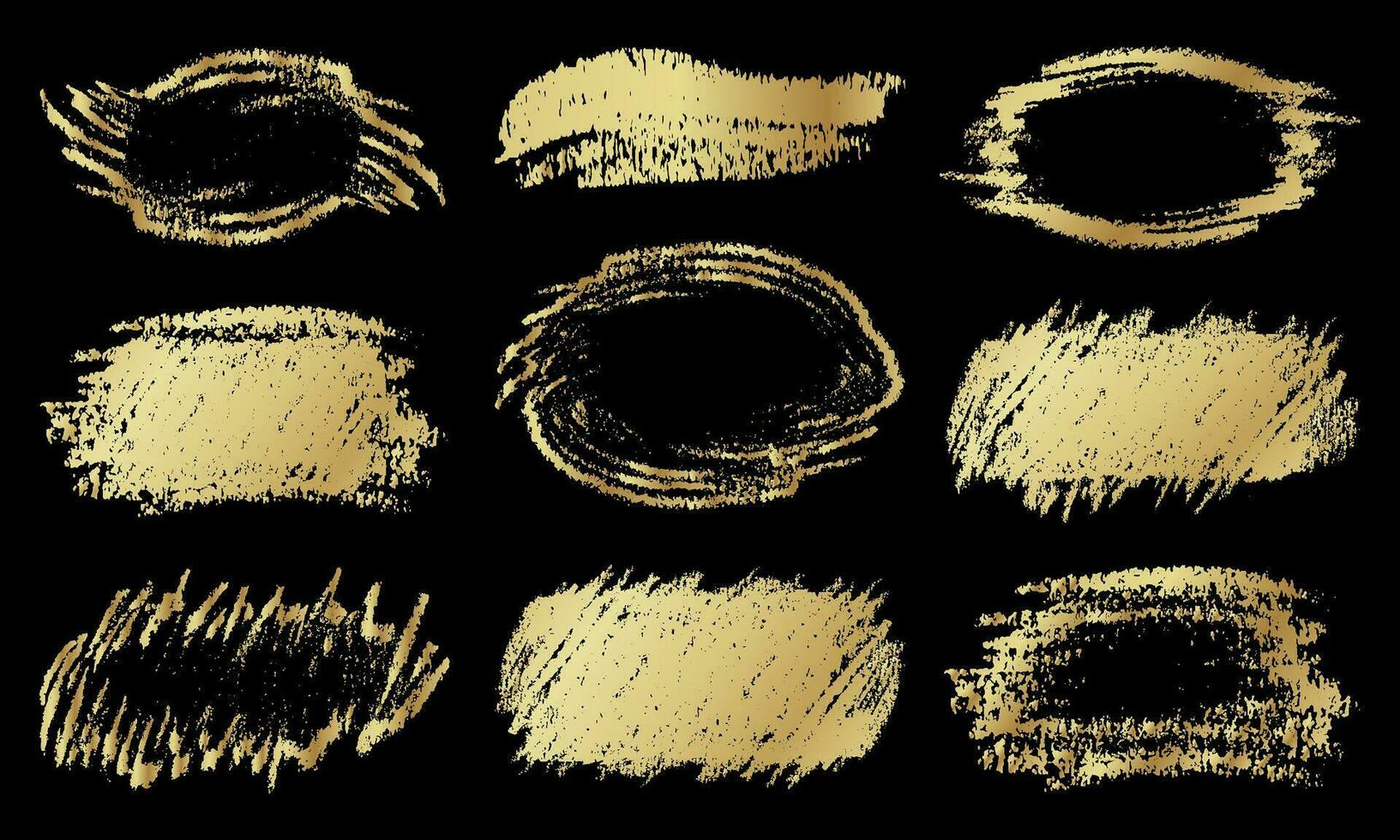 Set of golden brush stroke shapes on black background vector