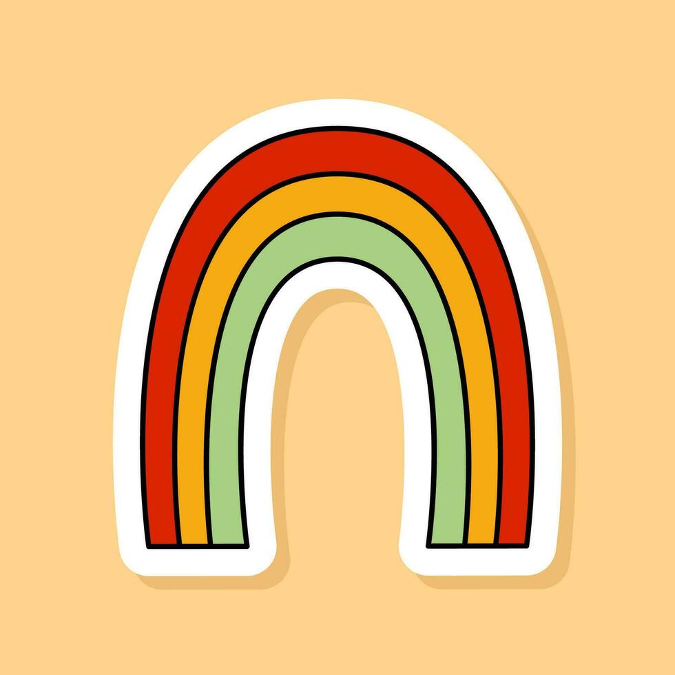 Vector Retro Rainbow sticker isolated on yellow background. 70s style cartoon icon white contour