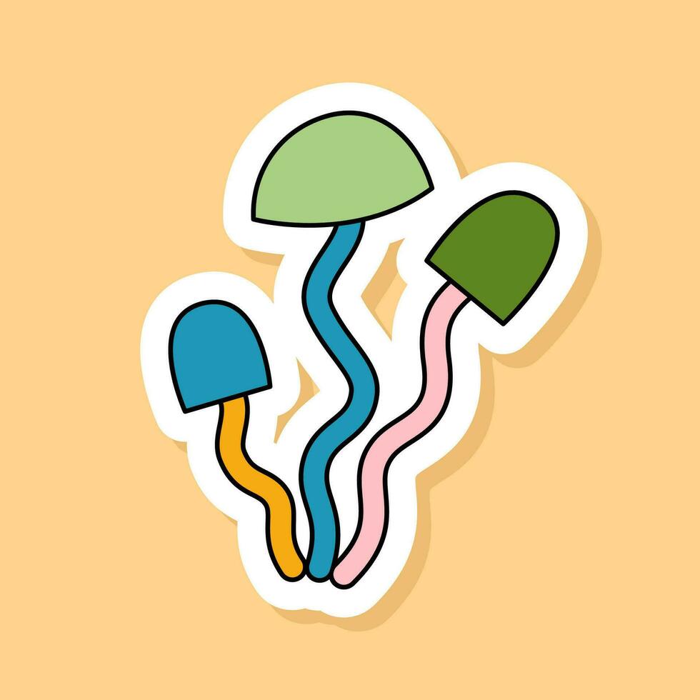Vector Retro Mushrooms sticker isolated on yellow background. 70s style cartoon icon white contour