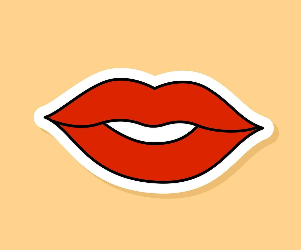 Vector Red lips retro sticker isolated on yellow background. 70s style cartoon icon with white contour