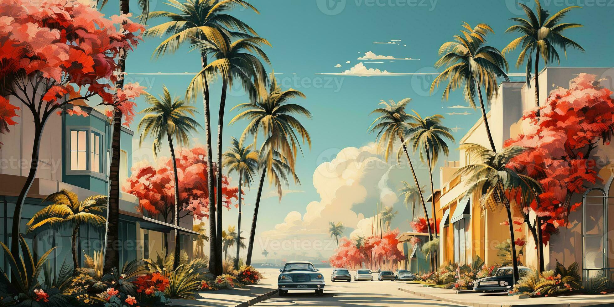 Generative AI, Miami Summer Vibes retro flat Matisse illustration. Vintage pink and blue colors, buildings, California palms, 80s style photo