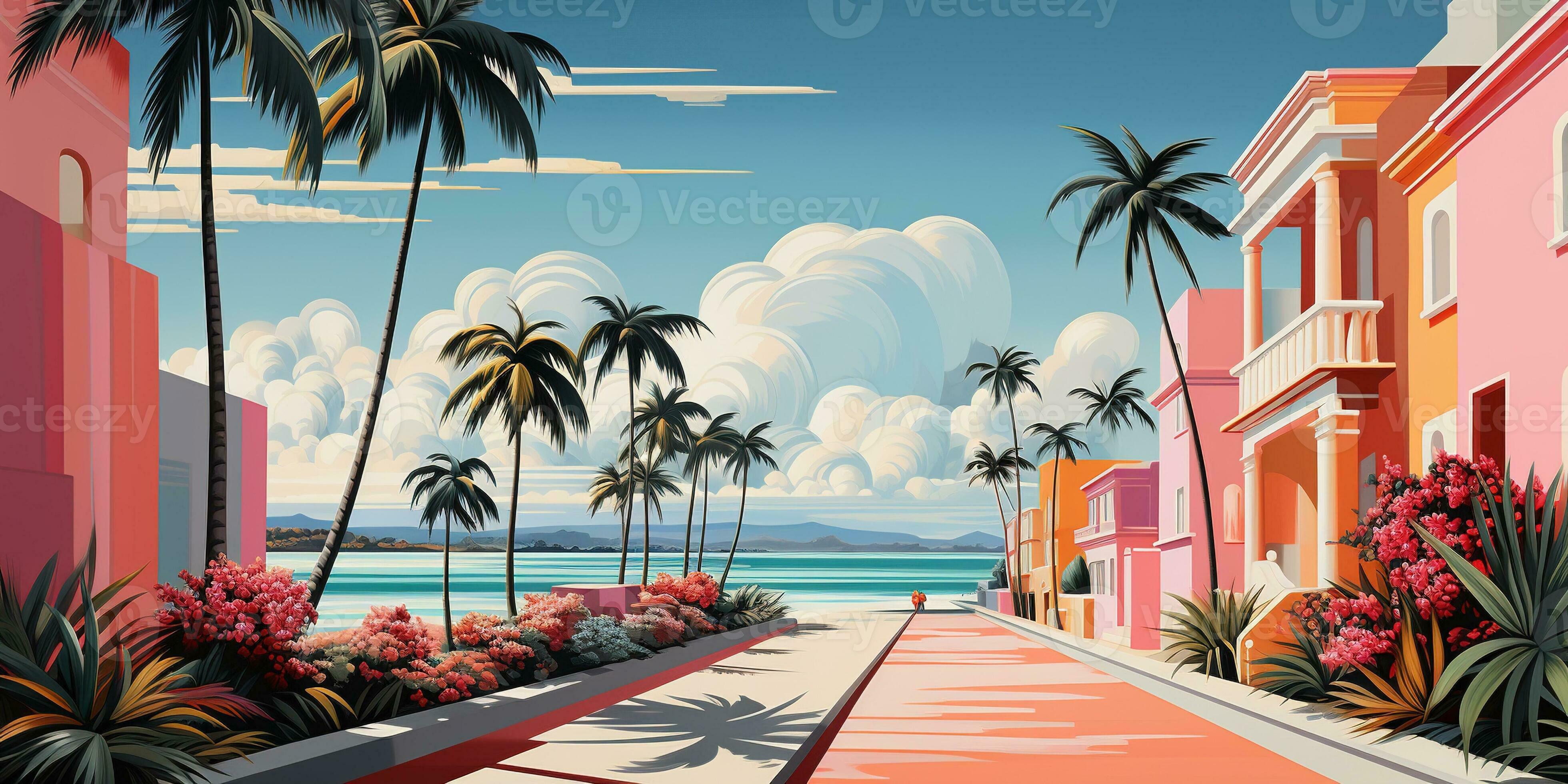 Generative AI, Miami Summer Vibes retro illustration. Vintage pink