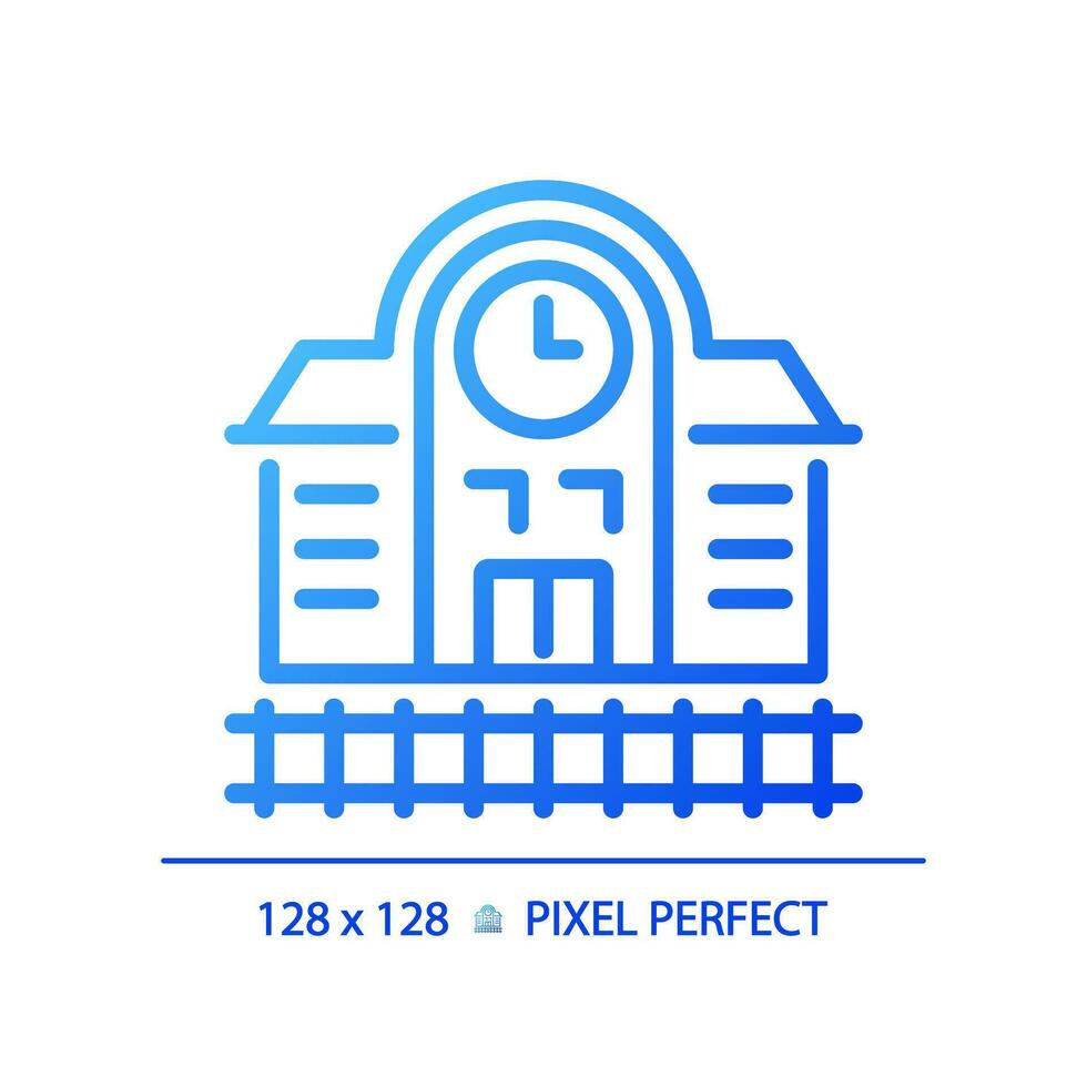 2D pixel perfect blue gradient railway station icon, isolated vector, building thin line illustration. vector
