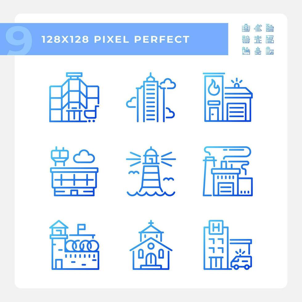 Pixel perfect blue gradient icons representing various architecture, thin line illustration. vector