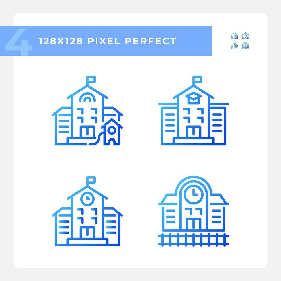 2D pixel perfect blue gradient icons set representing various buildings, thin line illustration. vector