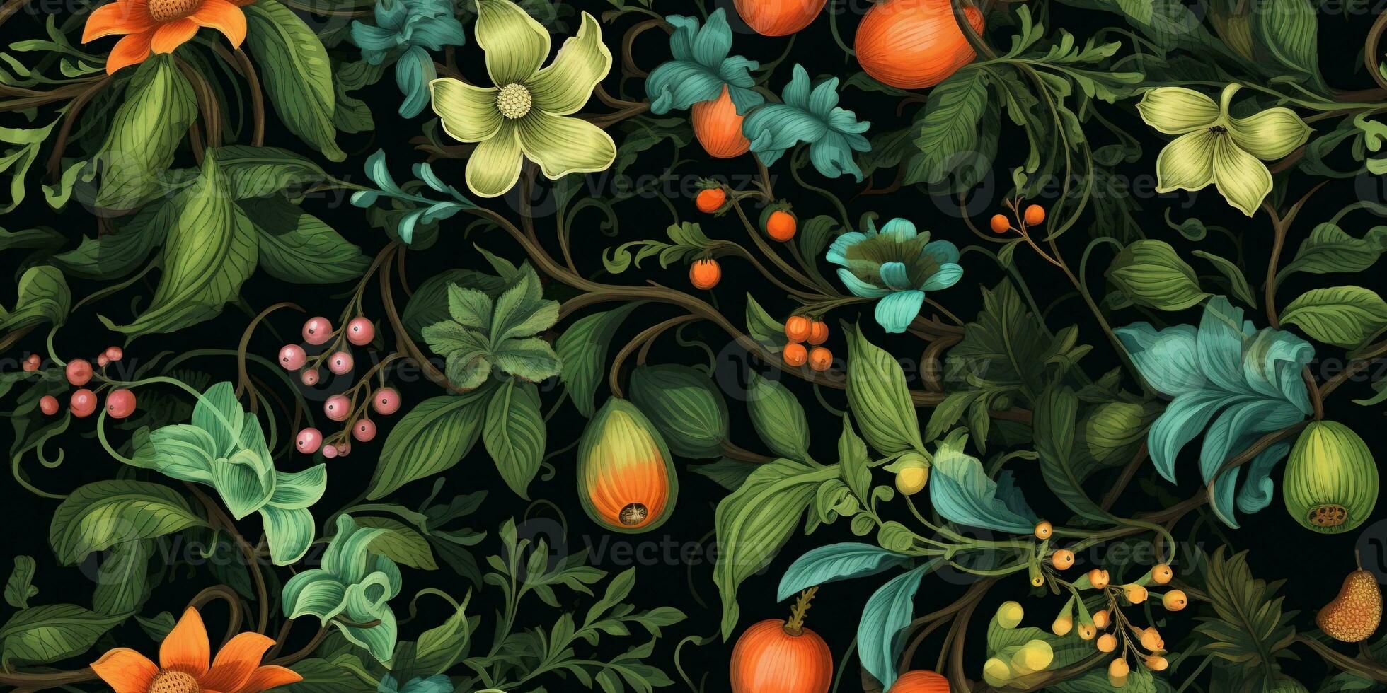 Generative AI, Floral colorful pattern. William Morris inspired natural plants and flowers background, vintage illustration. Foliage ornament. photo