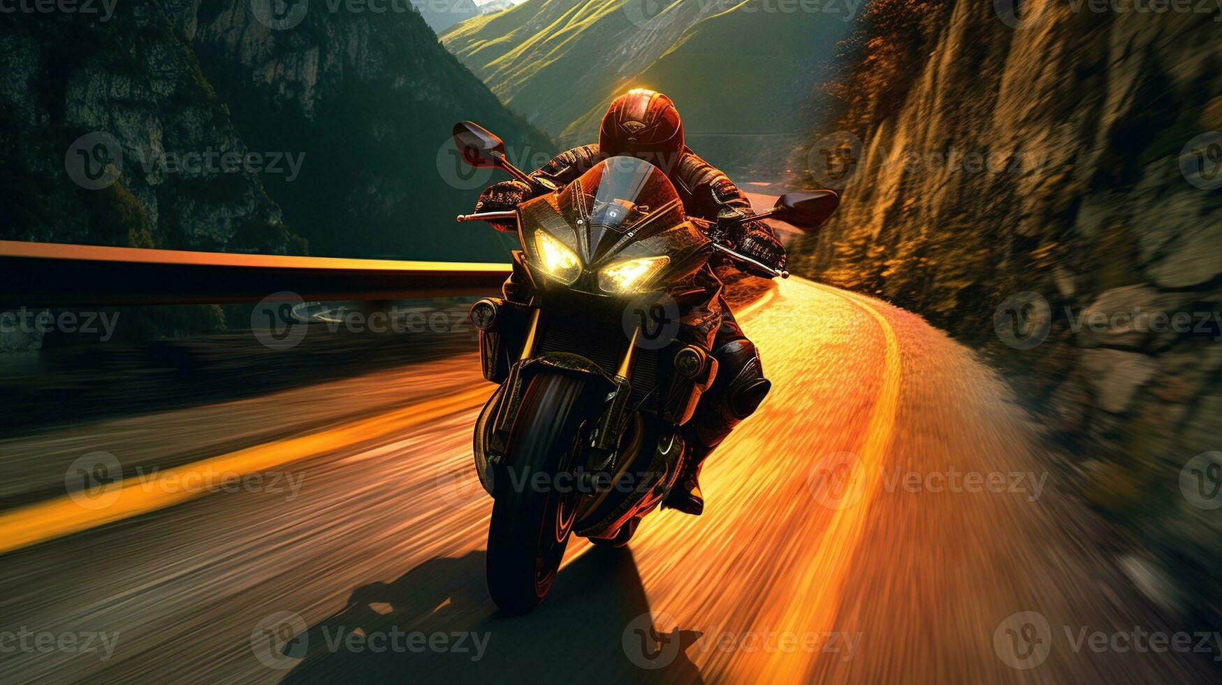 Generative AI, Motorcycle rider on street riding, sunset sky, having fun driving the empty highway on a motorcycle tour journey photo