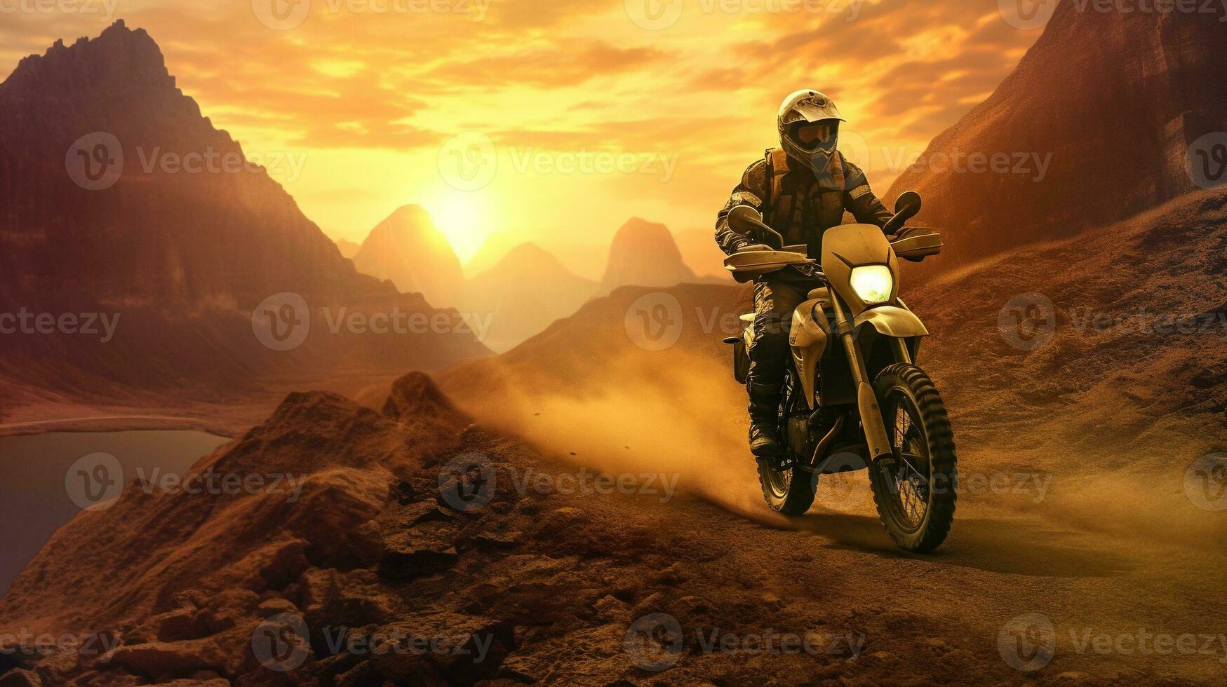 Generative AI, Motorcycle rider on street riding, sunset sky, having fun driving the empty highway on a motorcycle tour journey photo