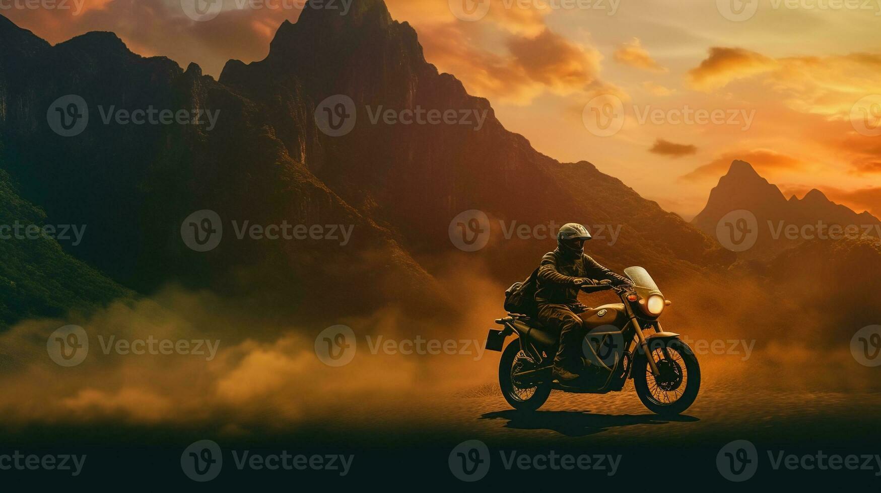 Generative AI, Motorcycle rider on street riding, sunset sky, having fun driving the empty highway on a motorcycle tour journey photo