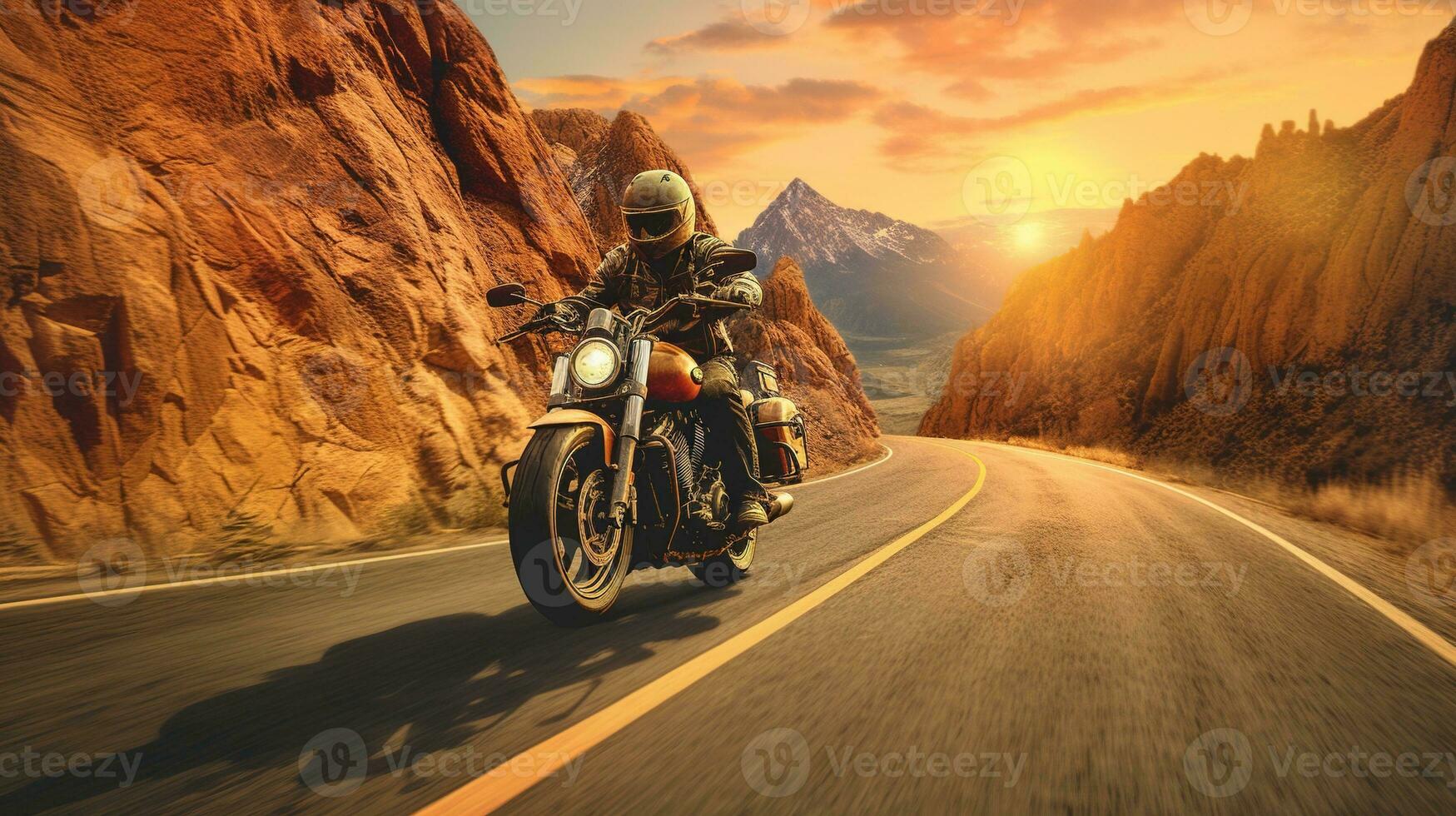 Generative AI, Motorcycle rider on street riding, sunset sky, having fun driving the empty highway on a motorcycle tour journey photo