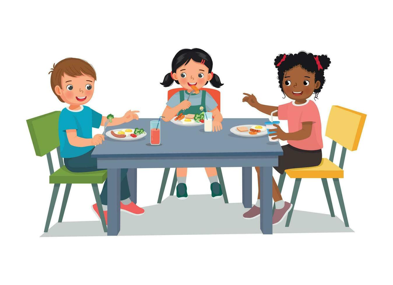 grupo de niños teniendo almuerzo juntos a colegio cantina vector