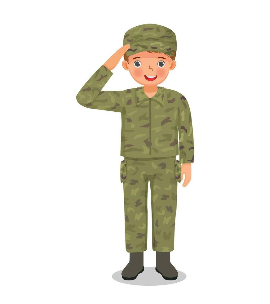 linda pequeño chico vestir camuflaje soldado combate uniforme saludando vector