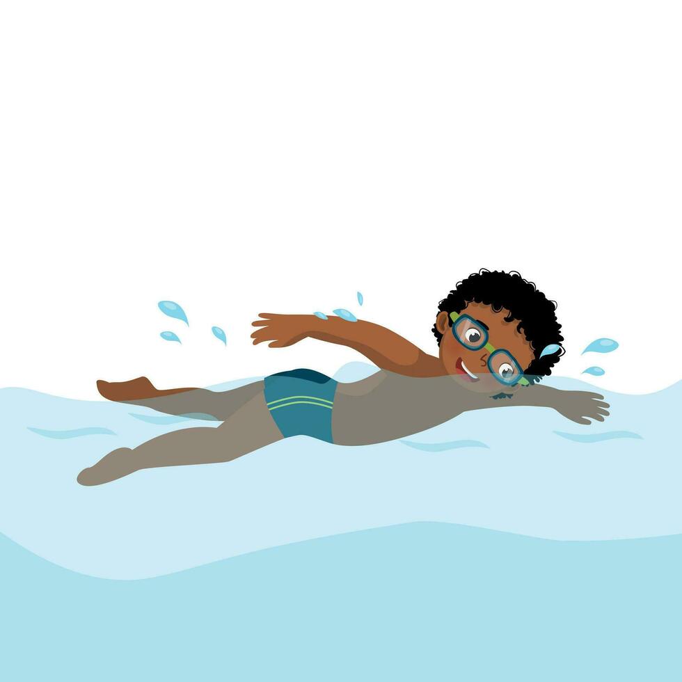 cute little African boy wear googles enjoying swimming in a pool vector