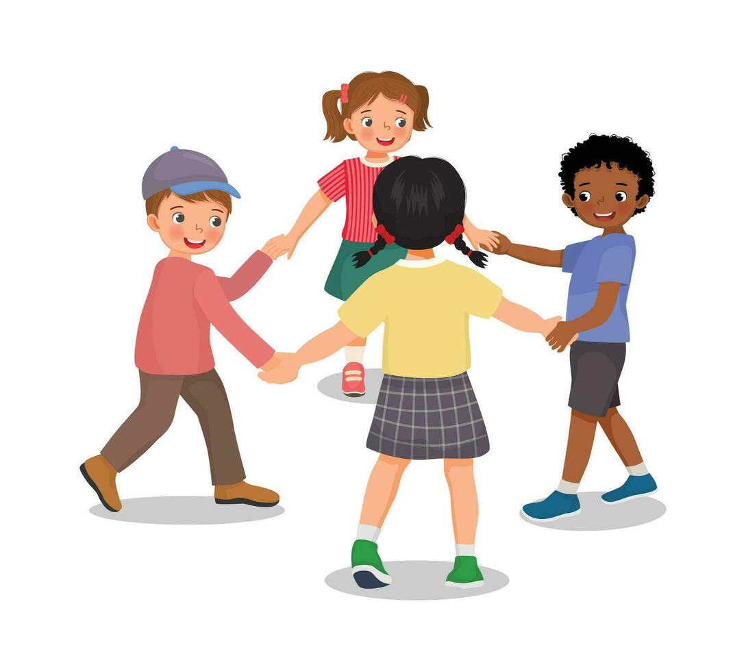 Happy little children boys and girls holding hands and dancing in circle having fun playing together vector