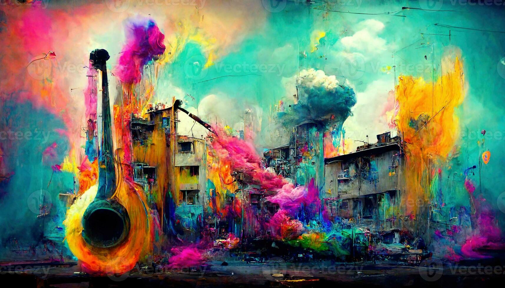 Generative AI, Street art with keys and musical instruments silhouettes. Ink colorful graffiti art with melted paint photo