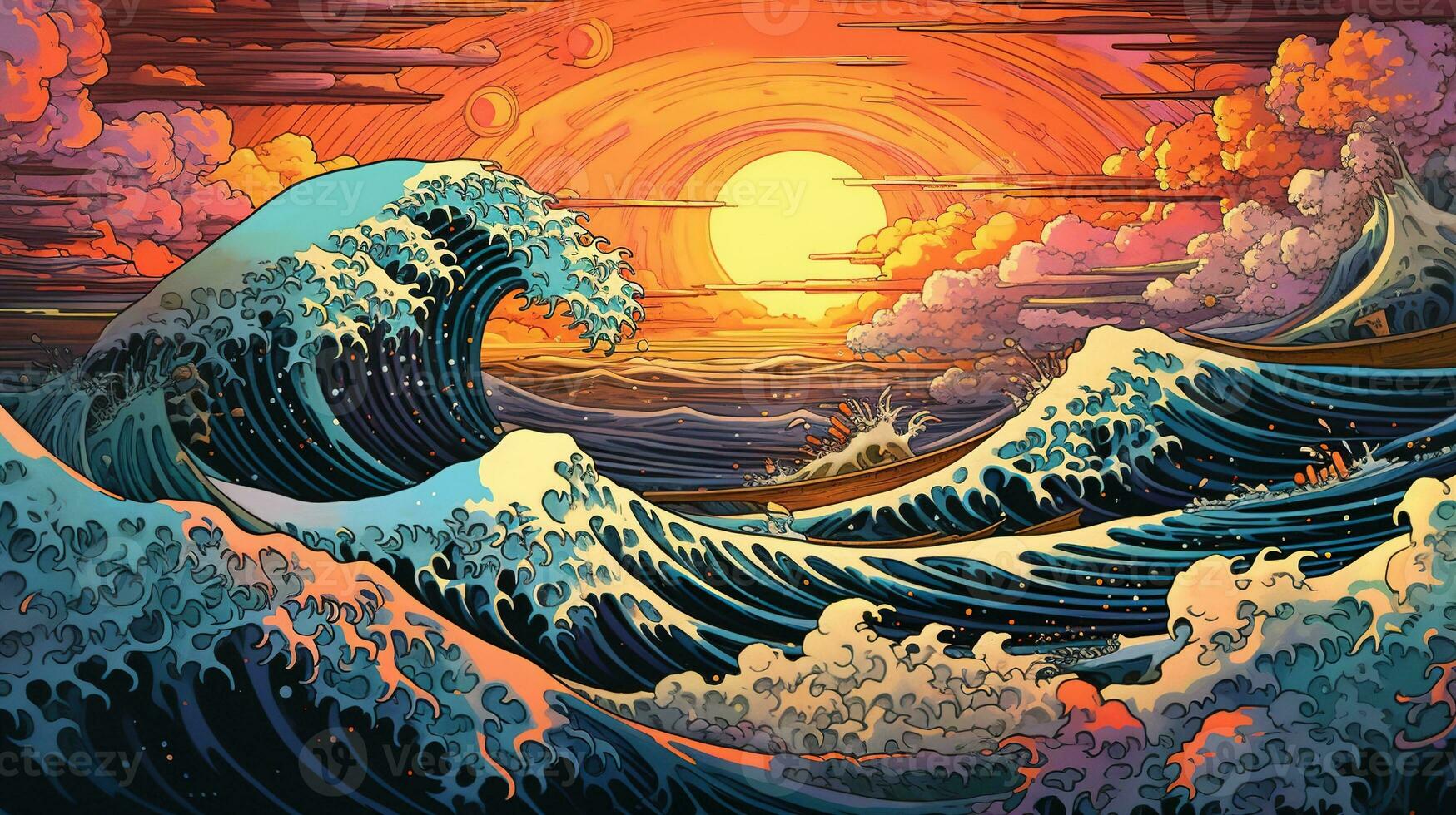 Generative AI, ocean in the sunset linear illustration, psychedelic manga style, highly detailed. Anime colorful style photo