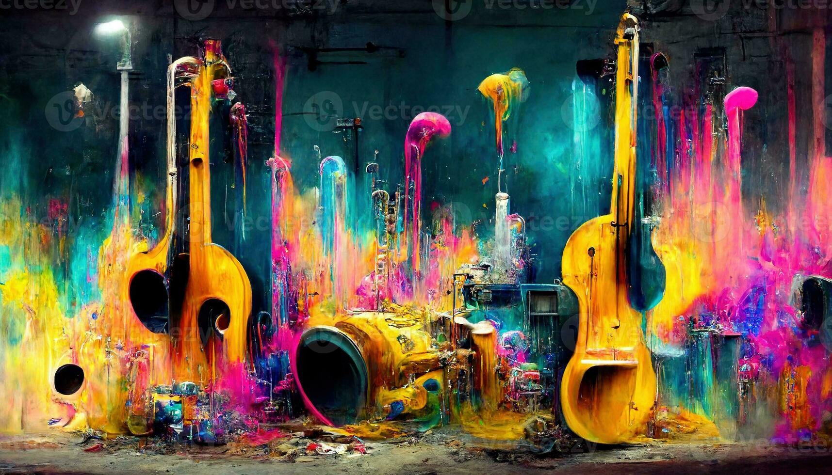 Generative AI, Street art with keys and musical instruments silhouettes. Ink colorful graffiti art with melted paint photo