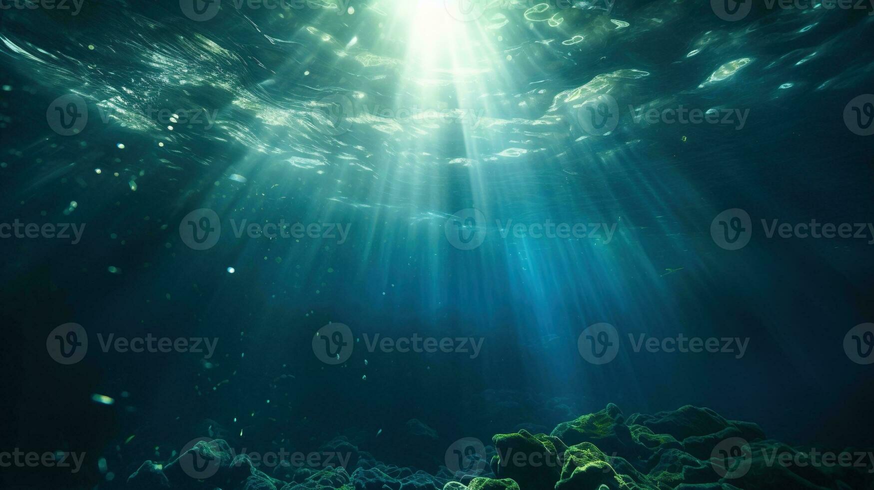 Generative AI, Dark blue ocean surface seen from underwater with sun light photo