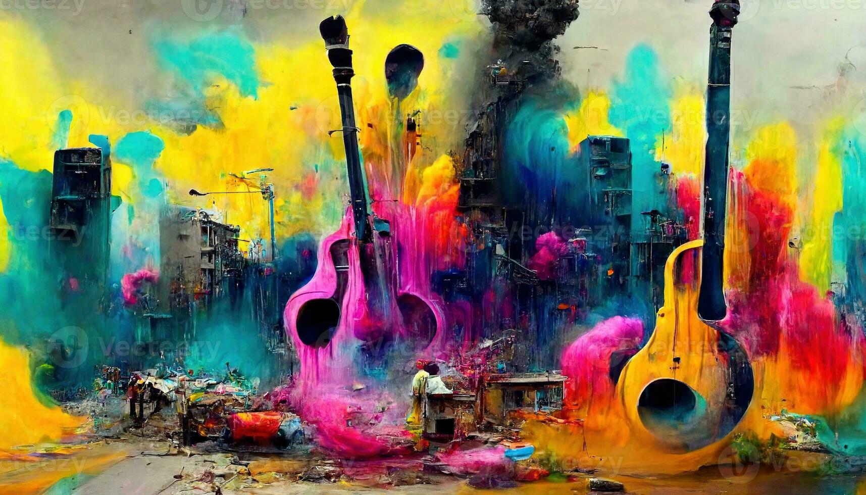 Generative AI, Street art with keys and musical instruments silhouettes. Ink colorful graffiti art with melted paint photo