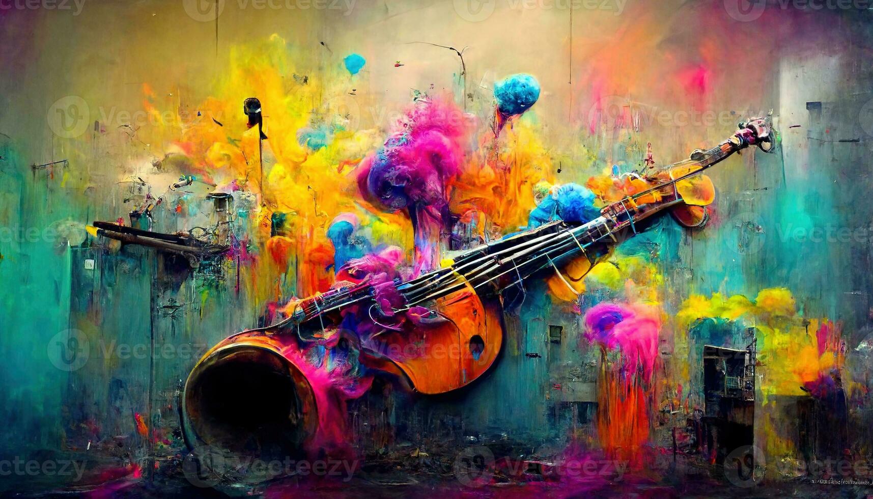 Generative AI, Street art with keys and musical instruments silhouettes. Ink colorful graffiti art with melted paint photo