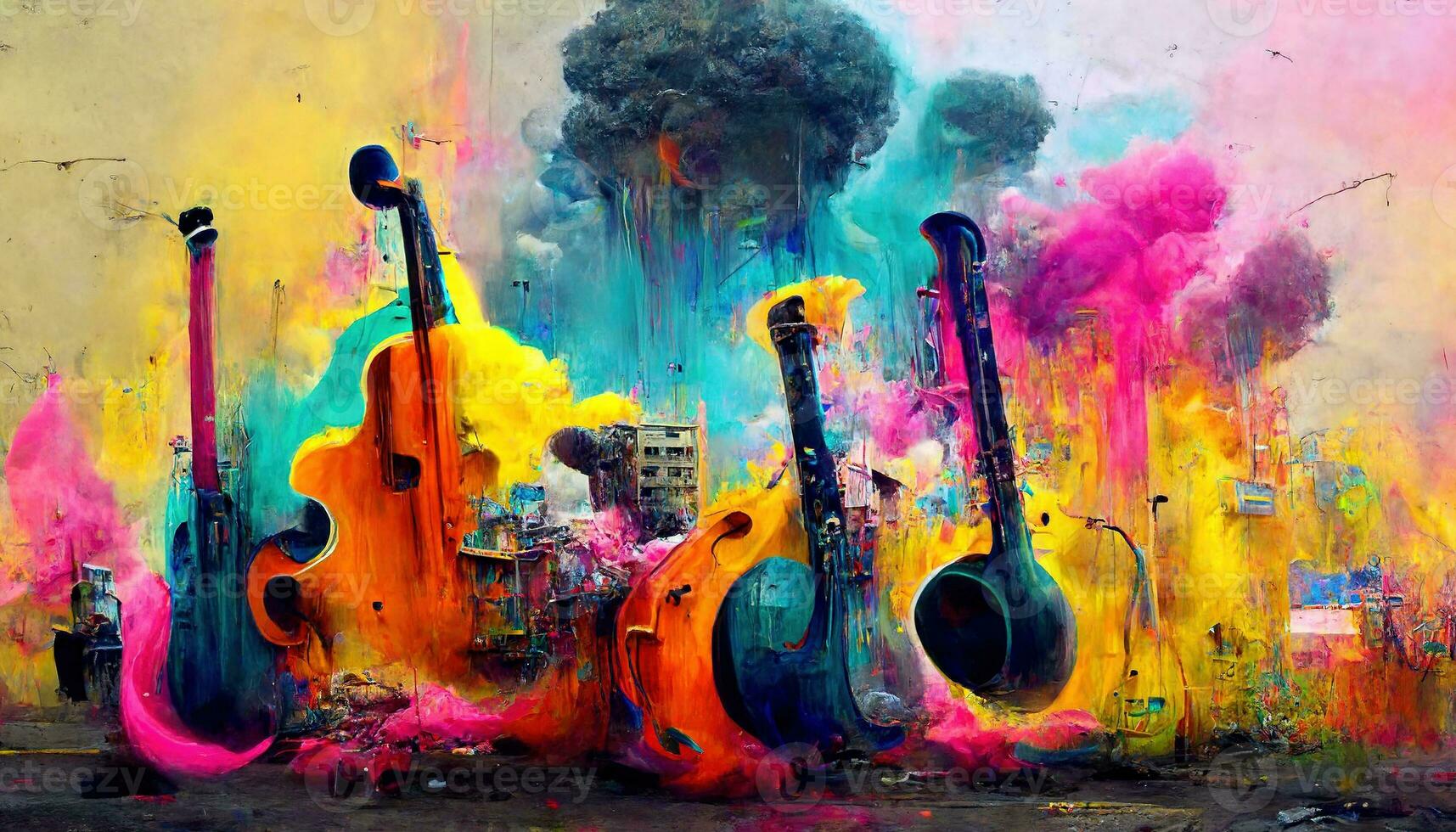 Generative AI, Street art with keys and musical instruments silhouettes. Ink colorful graffiti art with melted paint photo