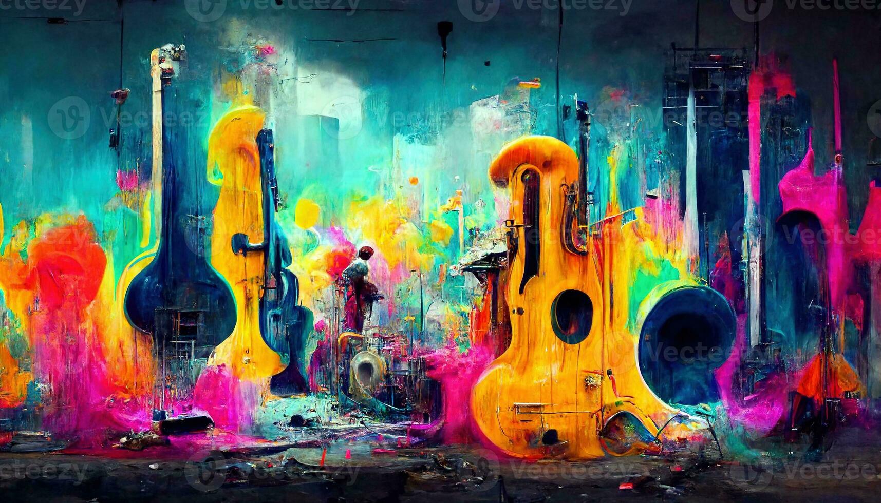 Generative AI, Street art with keys and musical instruments silhouettes. Ink colorful graffiti art with melted paint photo